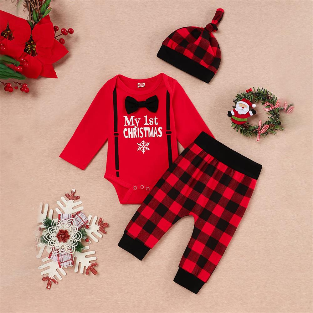 3PCS My 1st Christmas Letter Printed Plaid Long Sleeve Baby Set