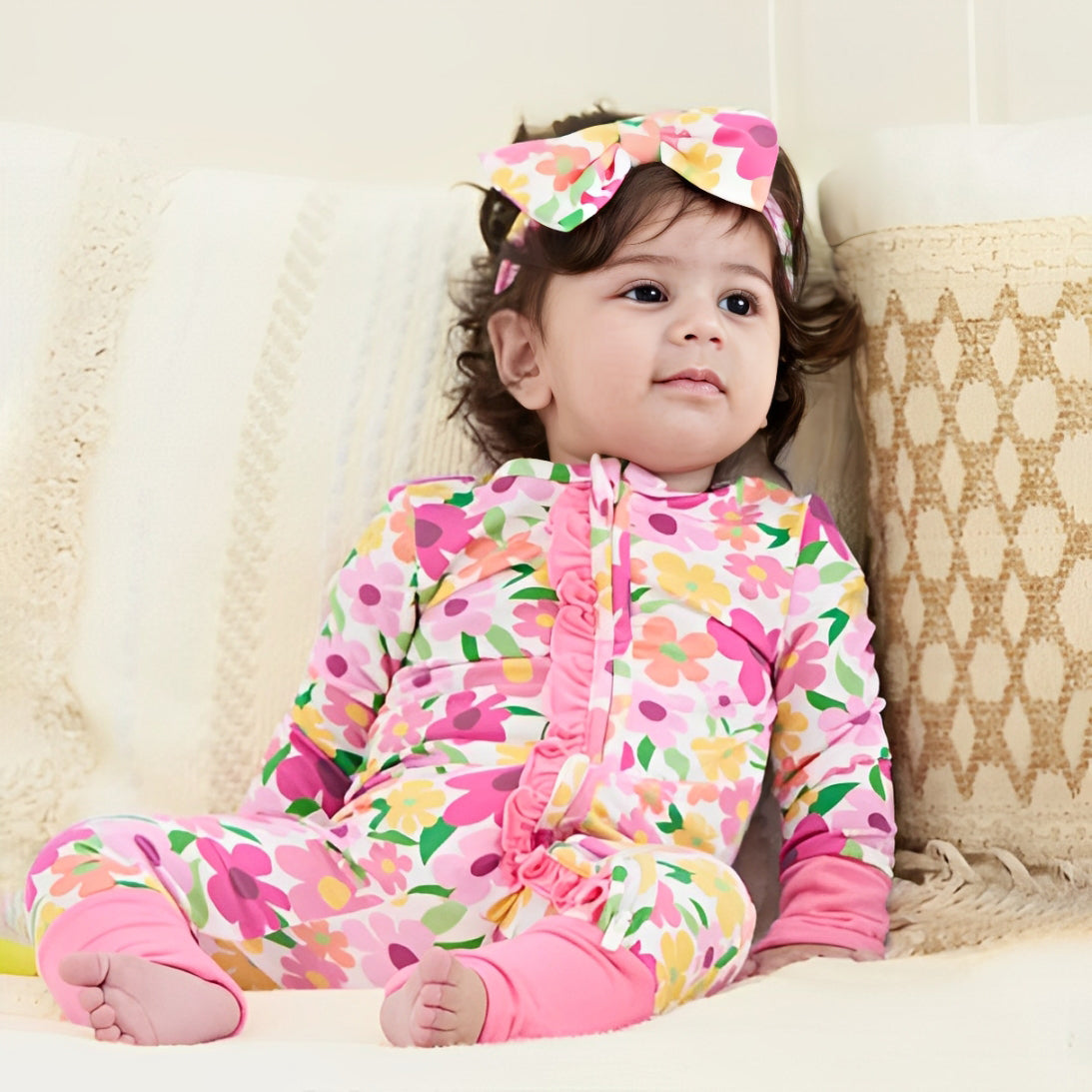 2PCS Floral Printed Zipper Bamboo Viscose Baby Jumpsuit