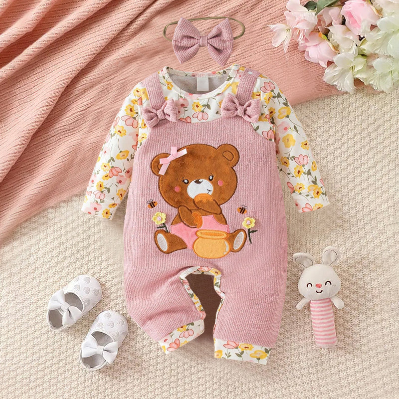 2PCS Cute Bear Eat Honey and Floral Printed Long Sleeve Baby Jumpsuit