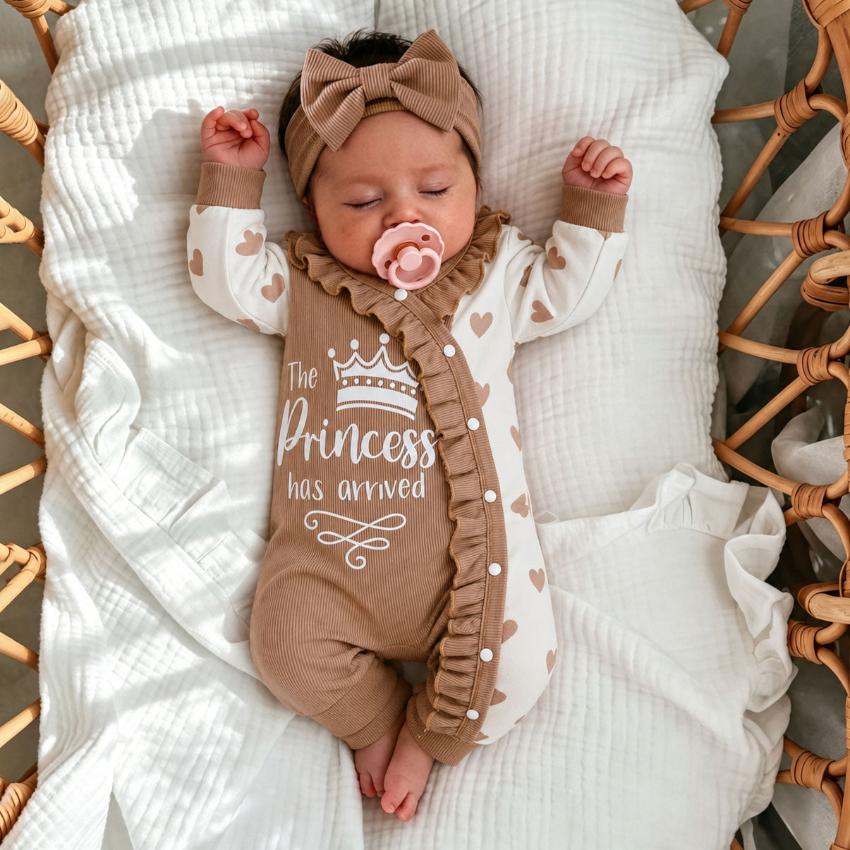 3PCS Sweet The Princess Has Arrived Letter Heart Printed Baby Jumpsuit