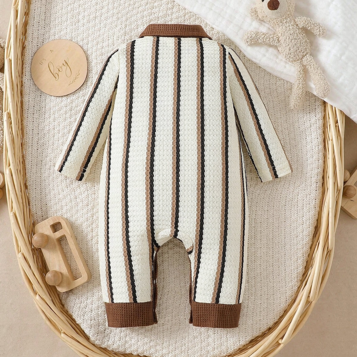 2PCS Colorblock Stripe Print Long Sleeve Waffle Baby Boy Jumpsuit