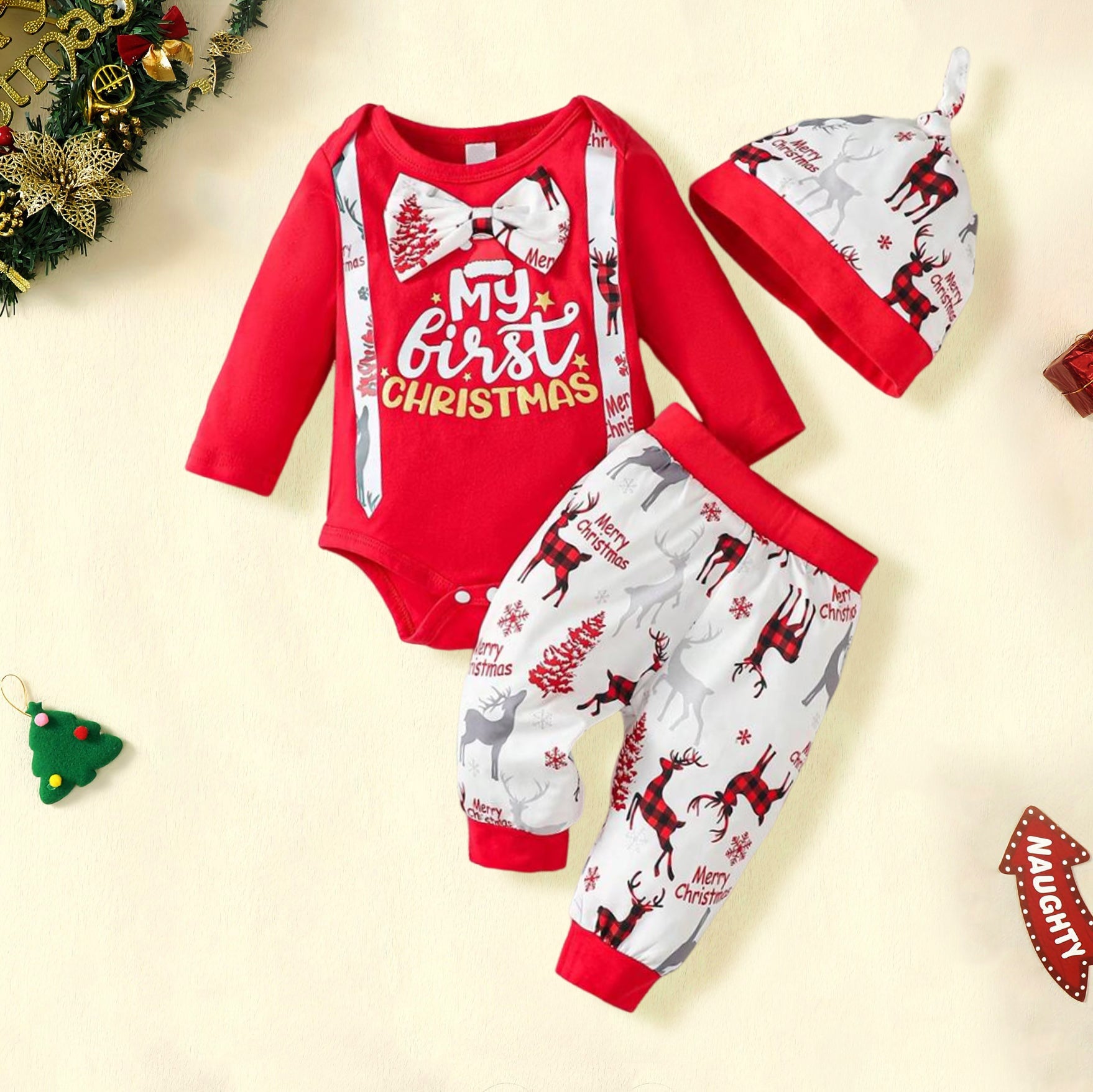 3PCS My First Christmas Letter Printed Long Sleeve Baby Set