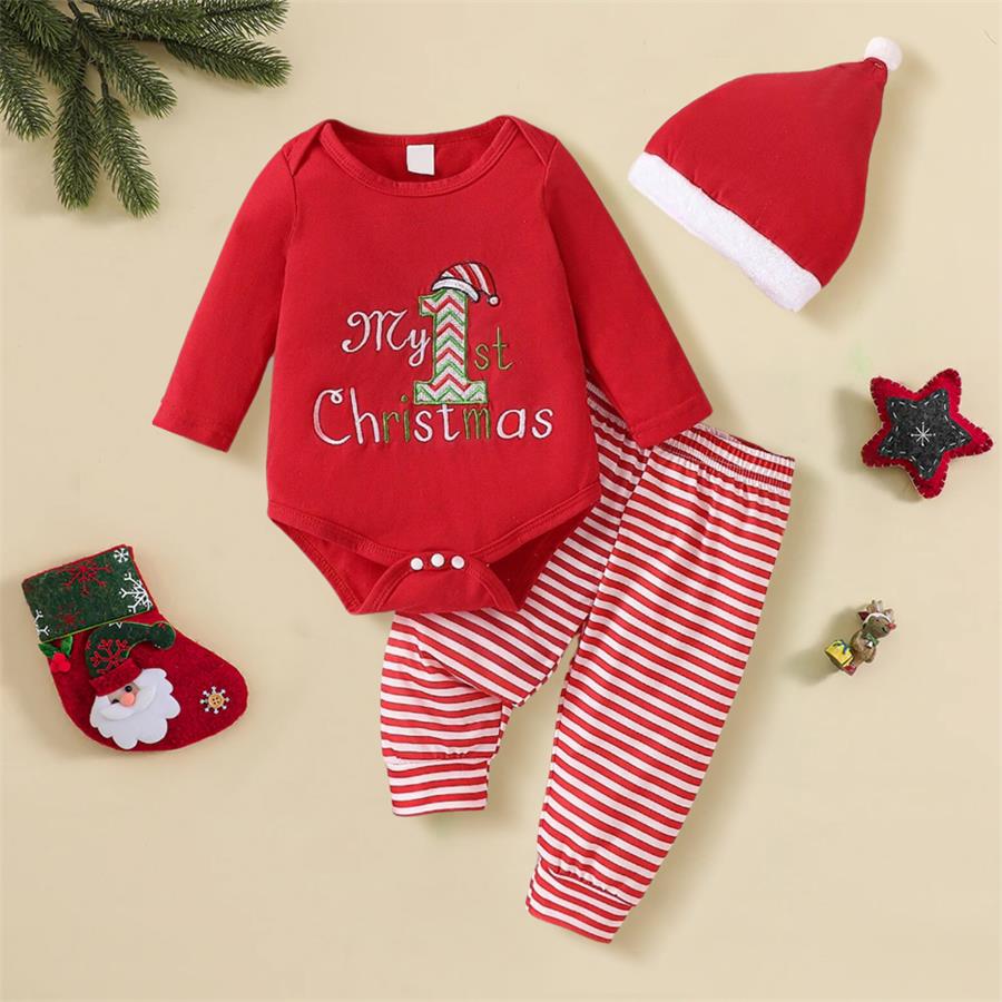3PCS My 1st Christmas Letter Print Striped Baby Set