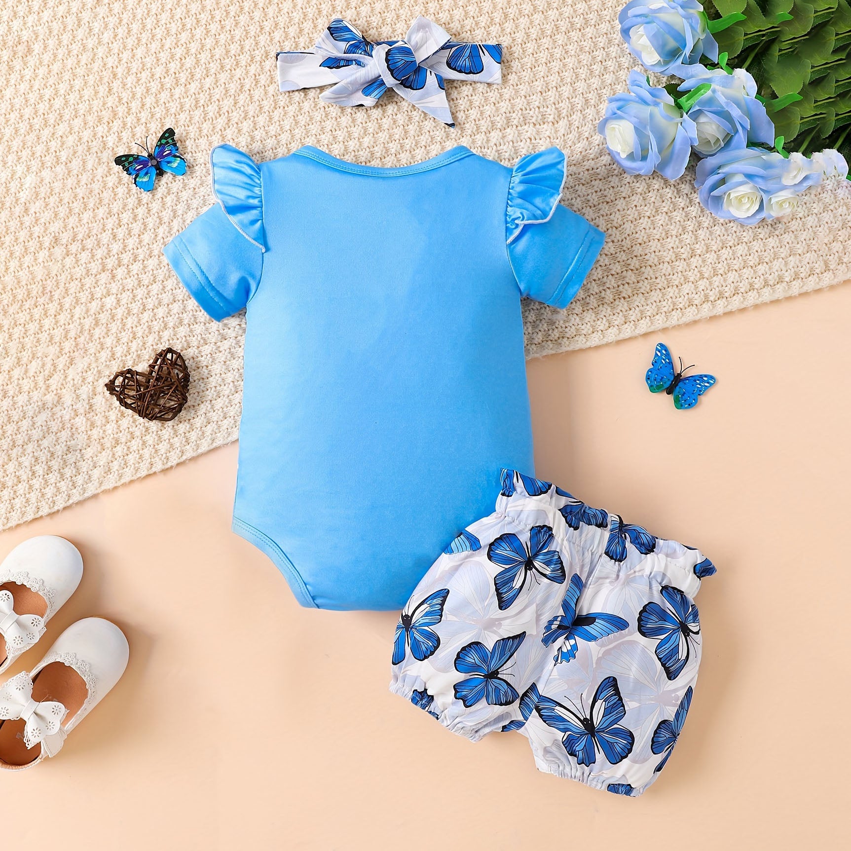 3PCS Casual Summer Cartoon Butterfly Printed Short Sleeve Baby Set