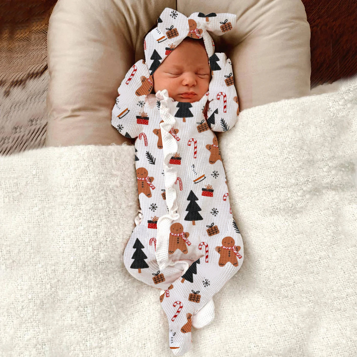 2PCS Christmas gingerbread Printed Long Sleeve Zipper Baby Jumpsuit