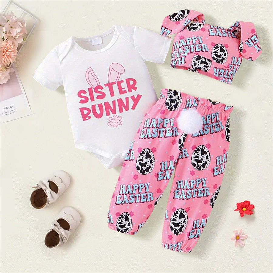 3PCS Sister Bunny Letter Printed Short Sleeve Baby Set