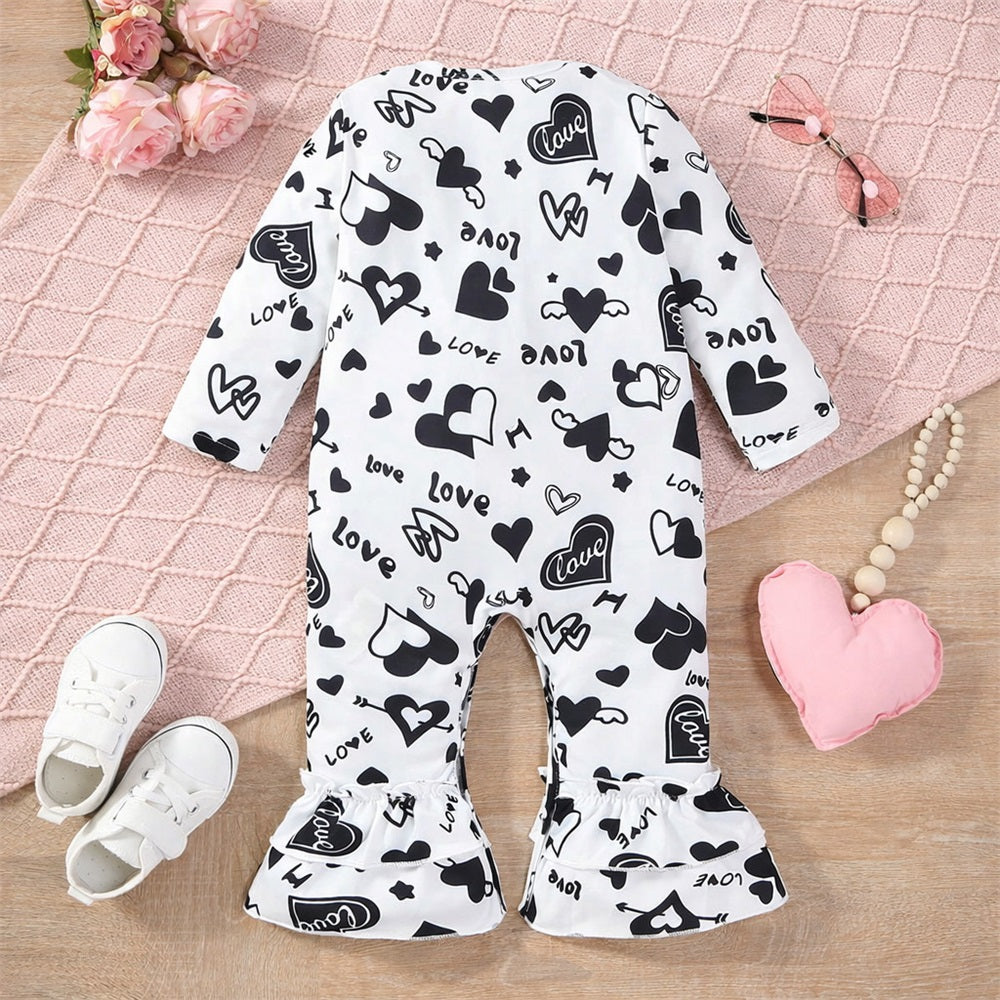 Casual Love Letter Heart Print Long Sleeve Baby Jumpsuit