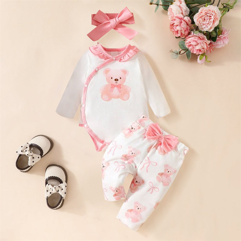 3PCS Lovely Bear Printed Ruffles Long Sleeve Baby Set