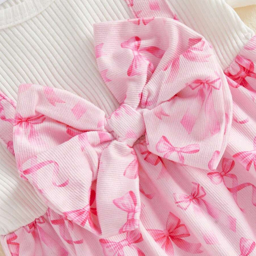2PCS Lovely Faux Two-Piece Bow Print Short Sleeve Baby Jumpsuit