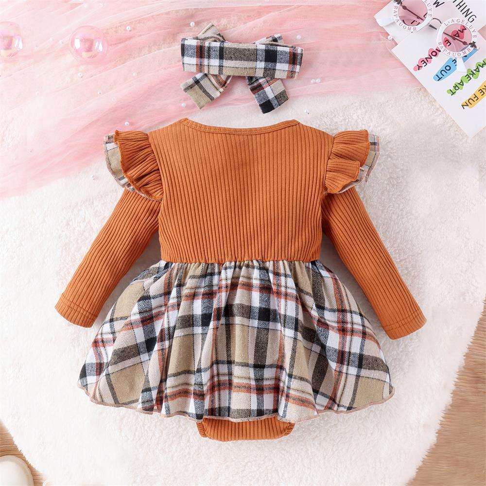 2PCS Lovely Plaid Print Long Sleeve Baby Romper