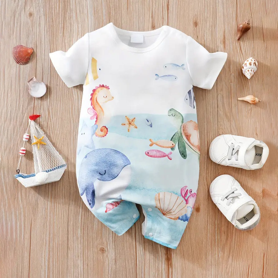 Cartoon Marine Animals Printed Short Sleeve Baby Jumpsuit