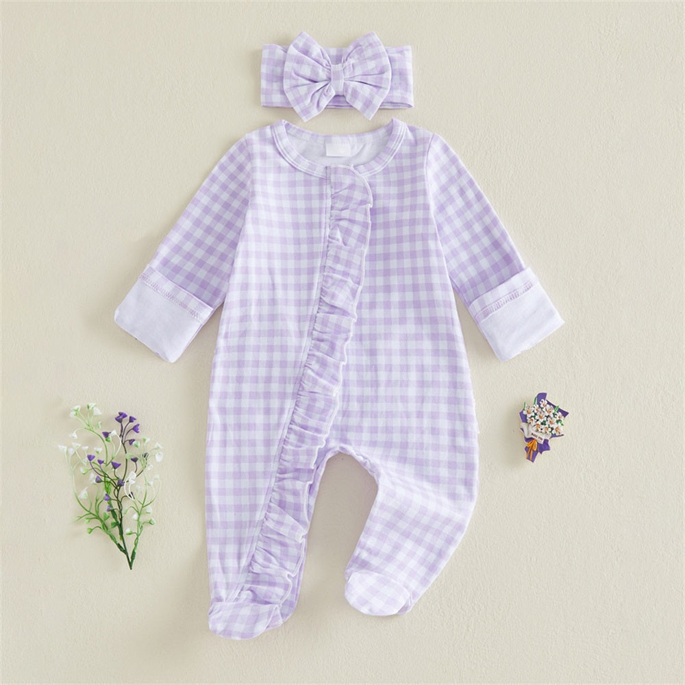 2PCS Casual Plaid Printed Long Sleeve Frill Trim Baby Jumpsuit