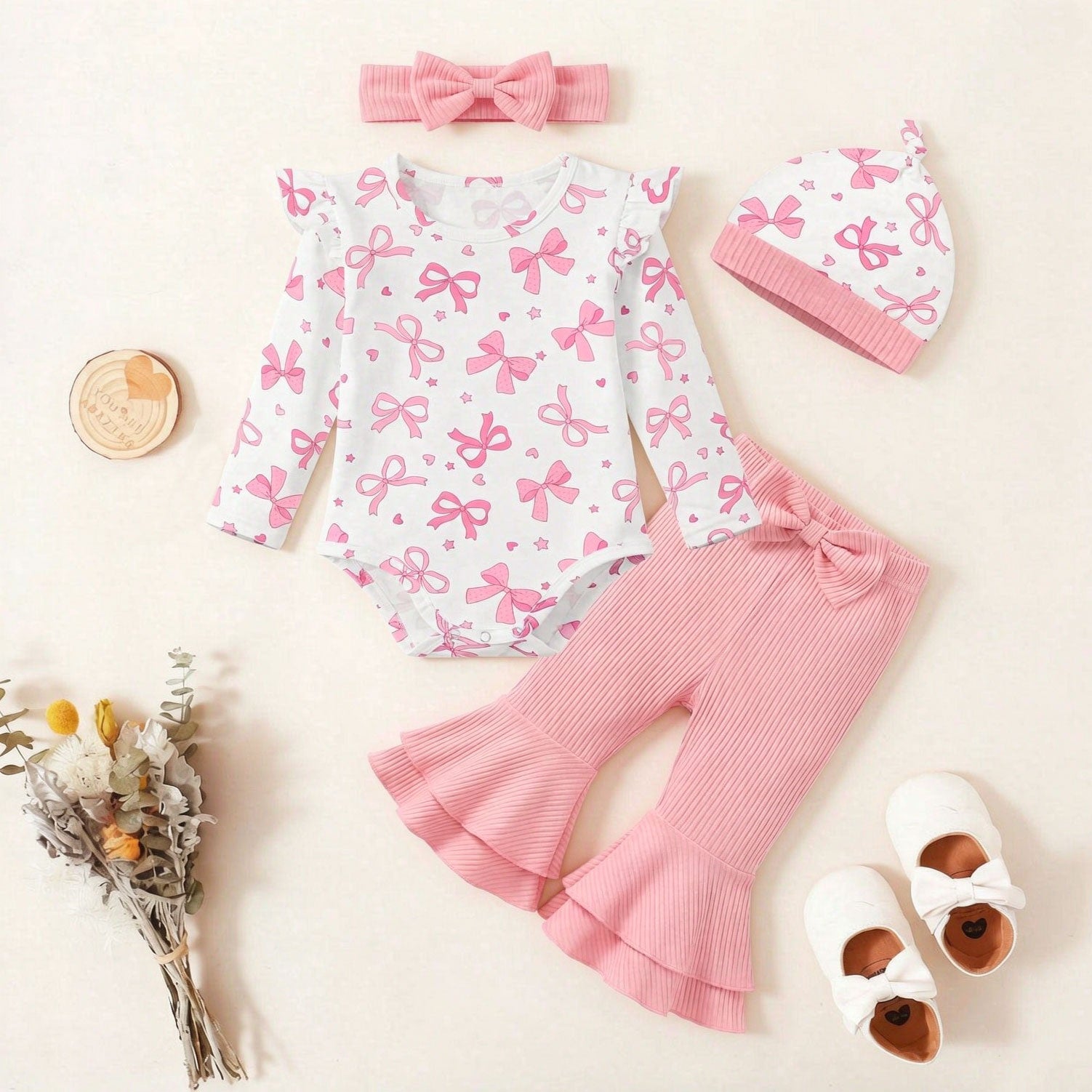 4PCS Pretty Bow Printed Long Sleeve Baby Girl Set