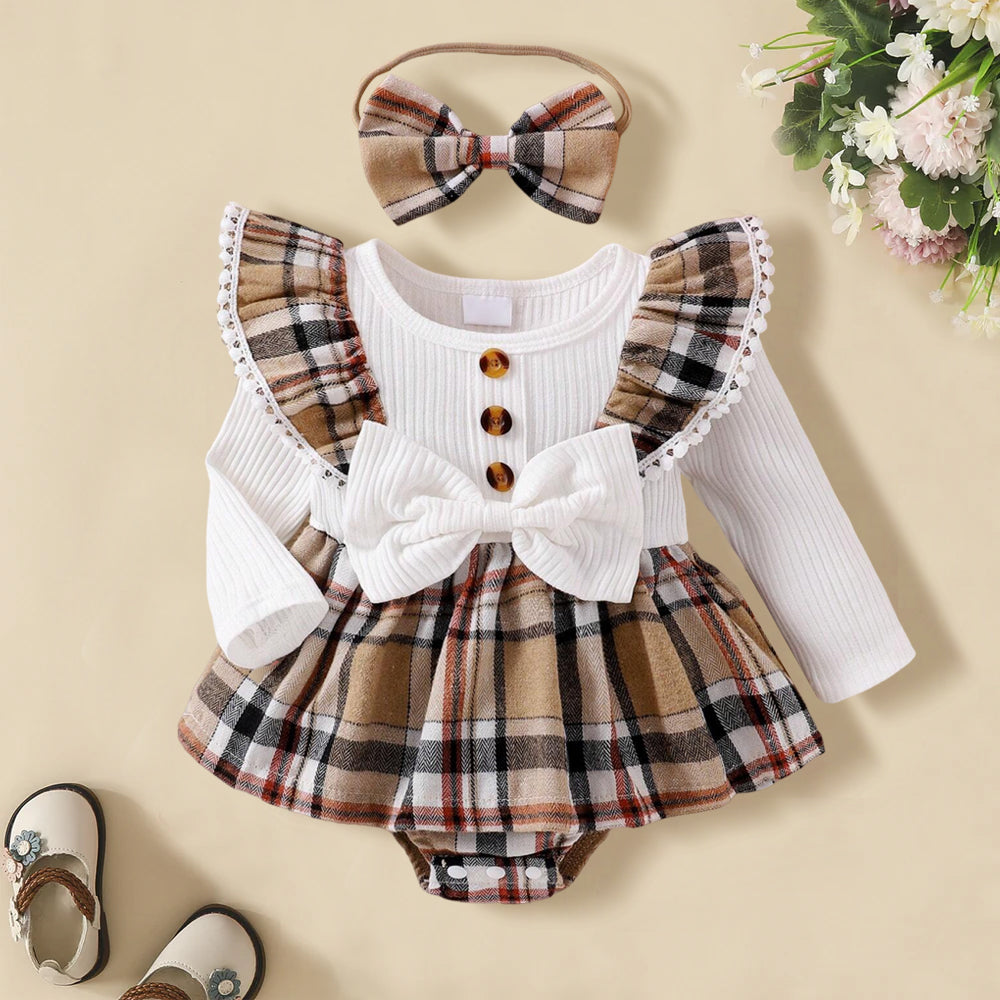 2PCS Elegant Plaid Printed Bow Ruffled Long Sleeve Baby Romper