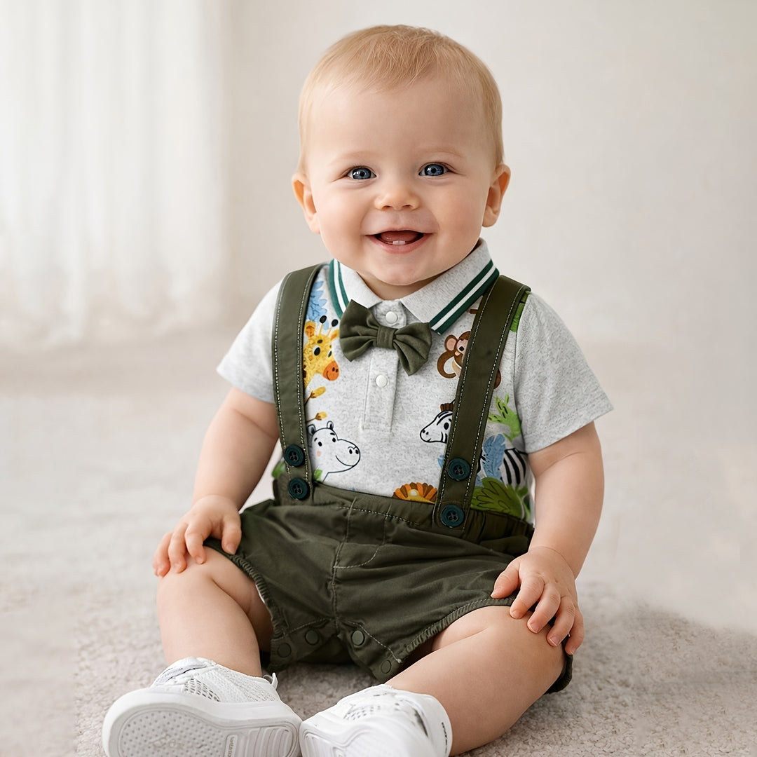 2PCS Cute Animal Print Short Sleeve Overalls Baby Set