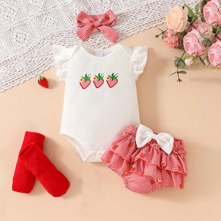 4PCS Strawberry Plaid Print Flutter Sleeve Baby Set