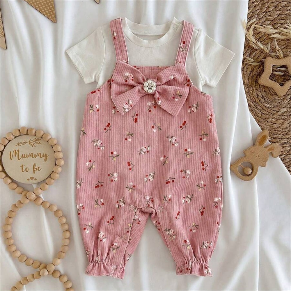 2PCS Pretty Floral Printed Short Sleeve Overalls Baby Set