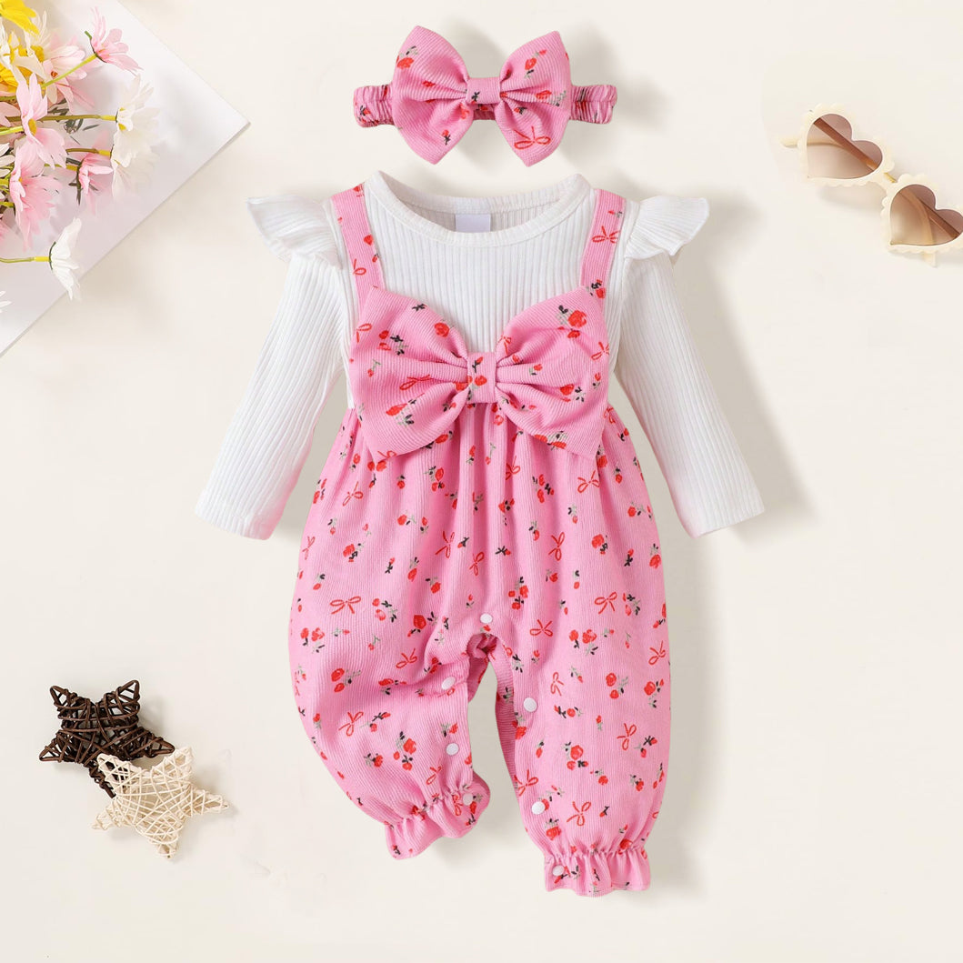 2PCS Lovely Floral Bow Printed Ruffle Baby Jumpsuit