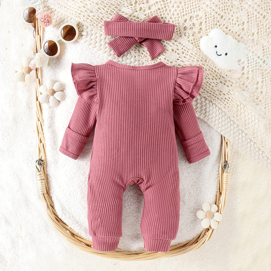 2PCS Cotton Solid Color Long Sleeve Ruffle Decor Baby Jumpsuit