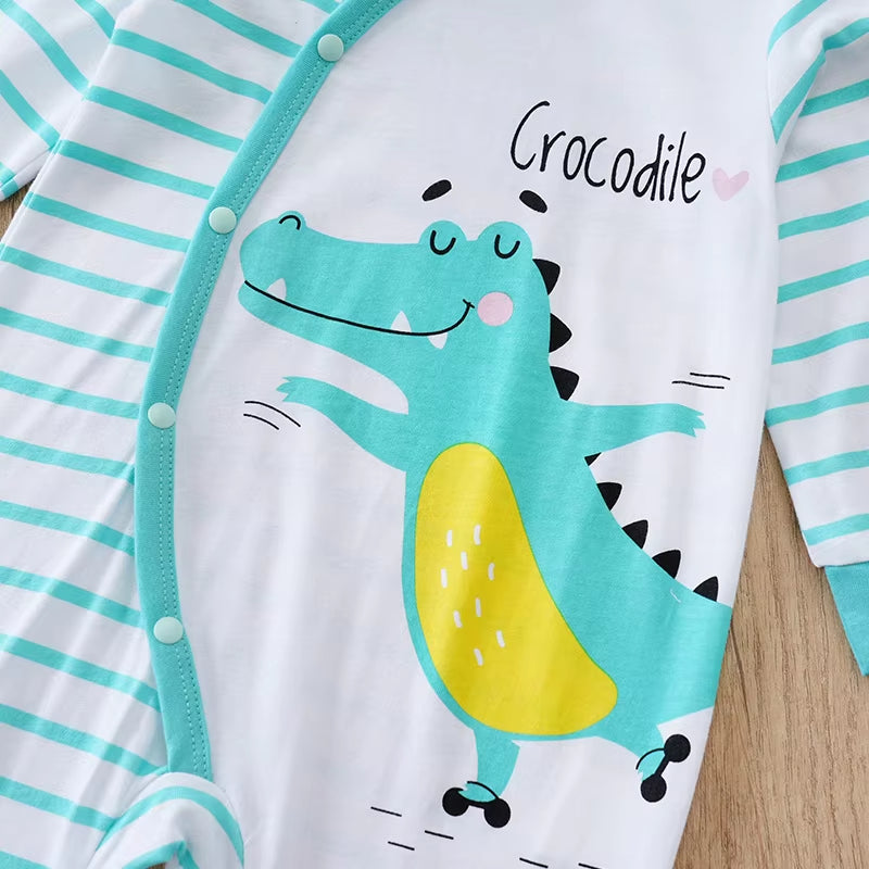 2PCS Chic Stripe Dinosaur Printed Long Sleeve Baby Jumpsuit