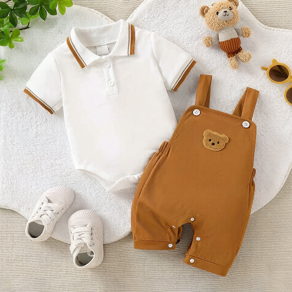 2PCS Cute Cartoon Bear Appliqués Short Sleeve Baby Overalls Set