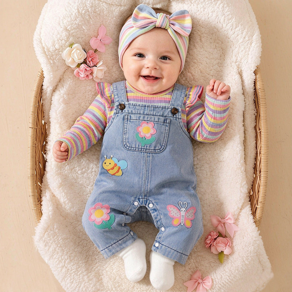 2PCS Chic Floral and Animal Print Long Sleeve Denim Baby Overalls Set