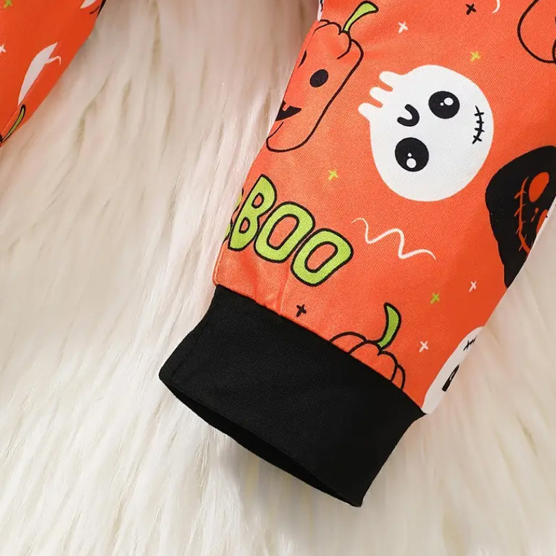2PCS Pumpkin Skull Print Long Sleeve Baby Jumpsuit