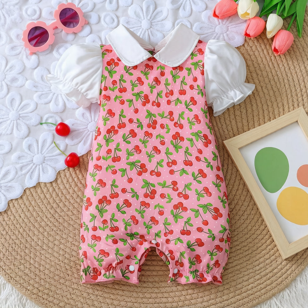 Adorable Cherry Print Short Sleeve Baby Jumpsuit