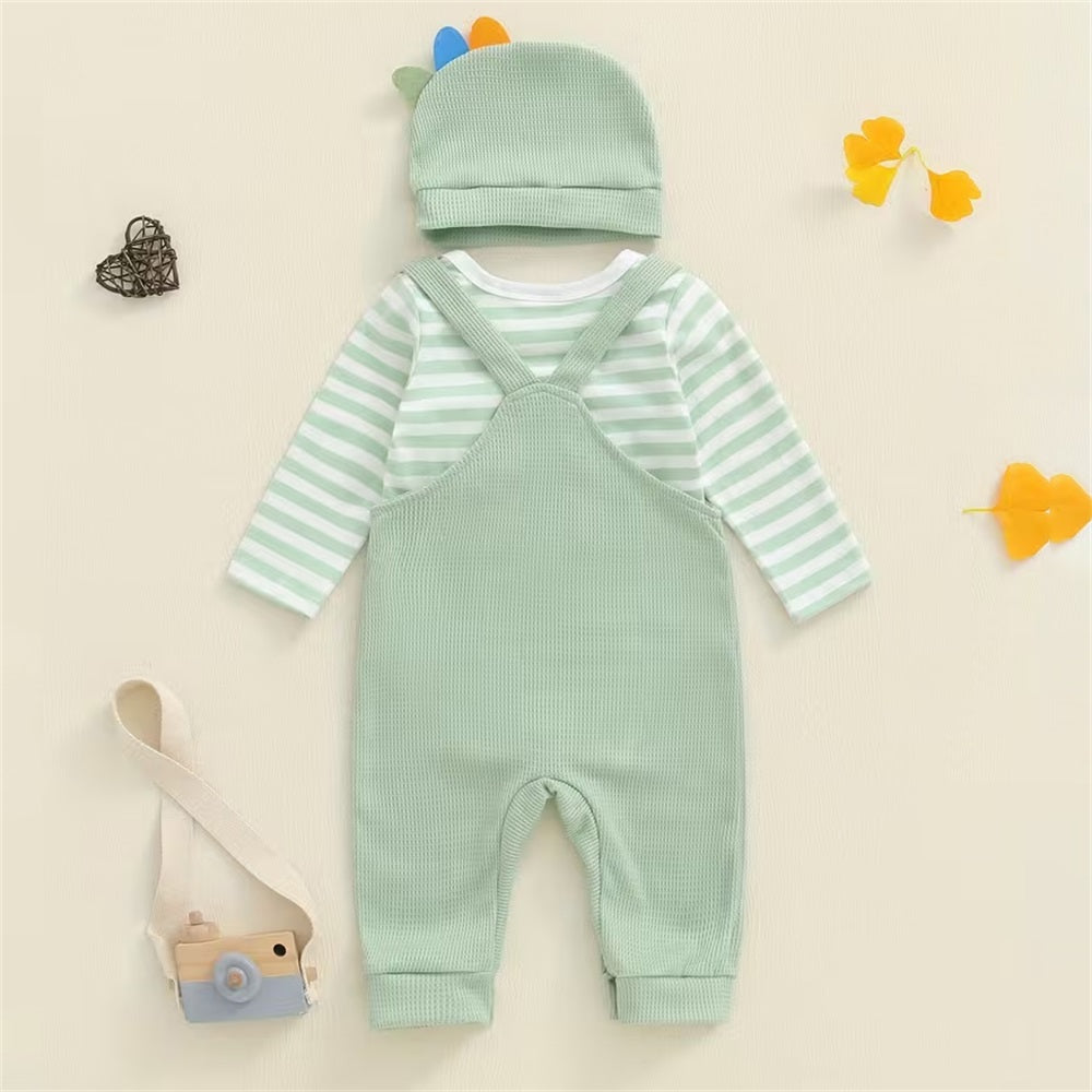 3PCS Casual Dinosaur Print Striped Long Sleeve Baby Overalls Set