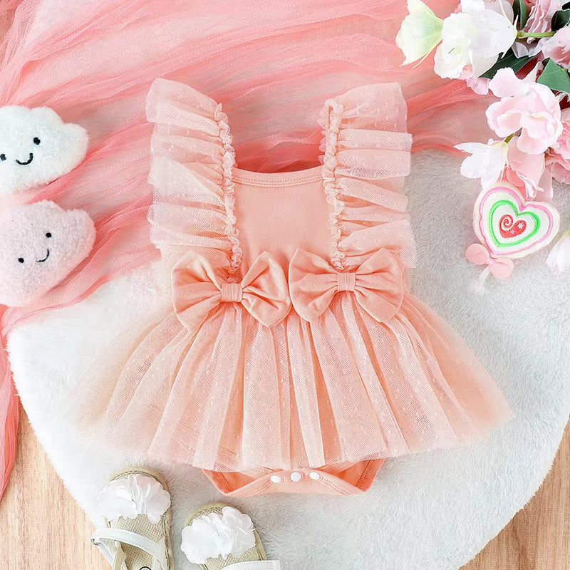 Sweet Solid Color Bow Mesh Flounce Sleeve Baby Romper