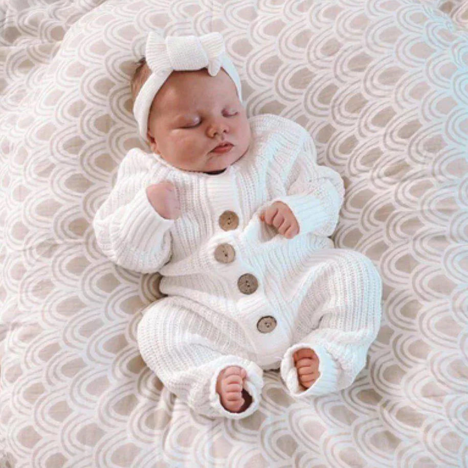 2PCS Solid Color Knitted Long Sleeve Baby Jumpsuit With Hat