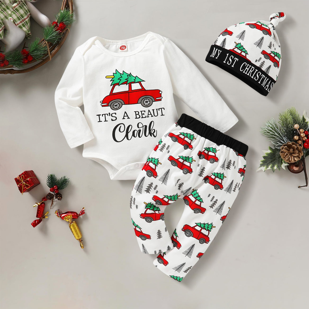 3PCS Christmas It's A Beaut Letter Car Printed Baby Set