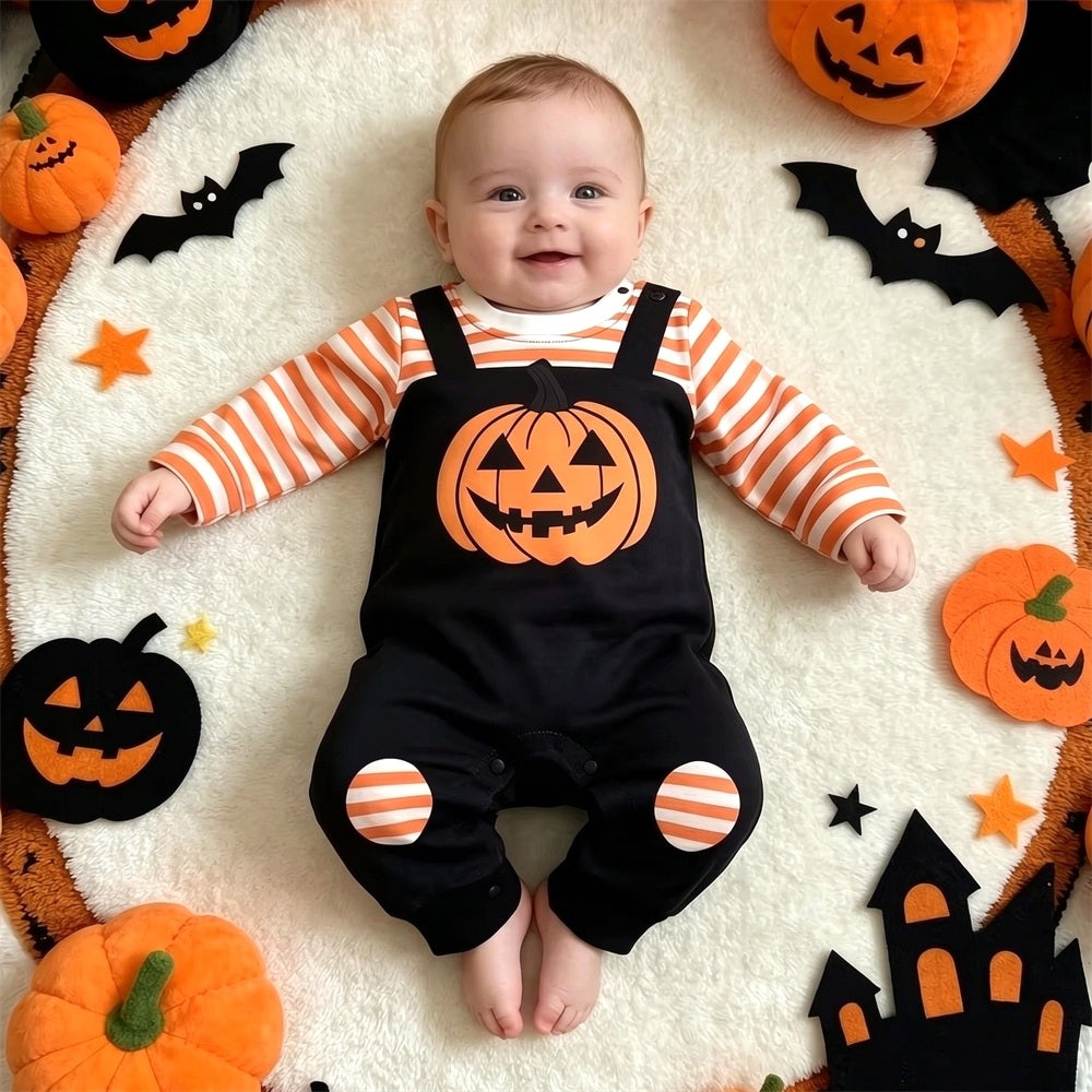 Adorable Halloween Pumpkin Stripe Print Long Sleeve Baby Jumpsuit