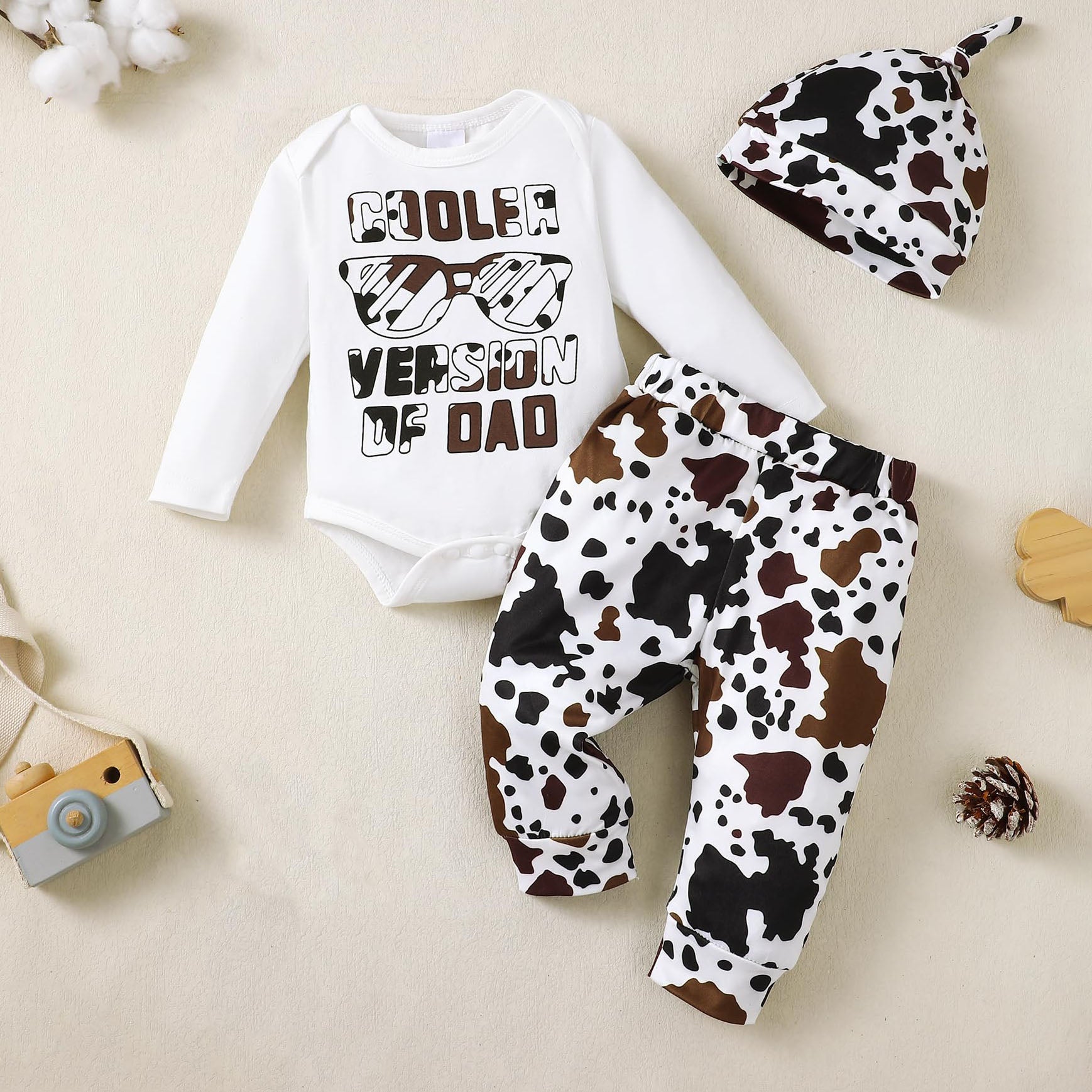 3PCS Cooler Version of Dad Letter Printed Cow Pattern Baby Set