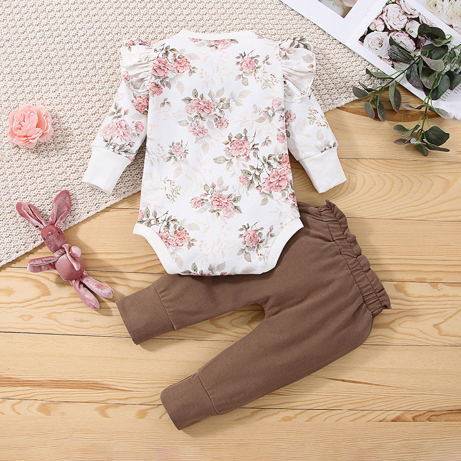 2PCS Stylish Floral Printed Ruffled Long Sleeve Baby Set