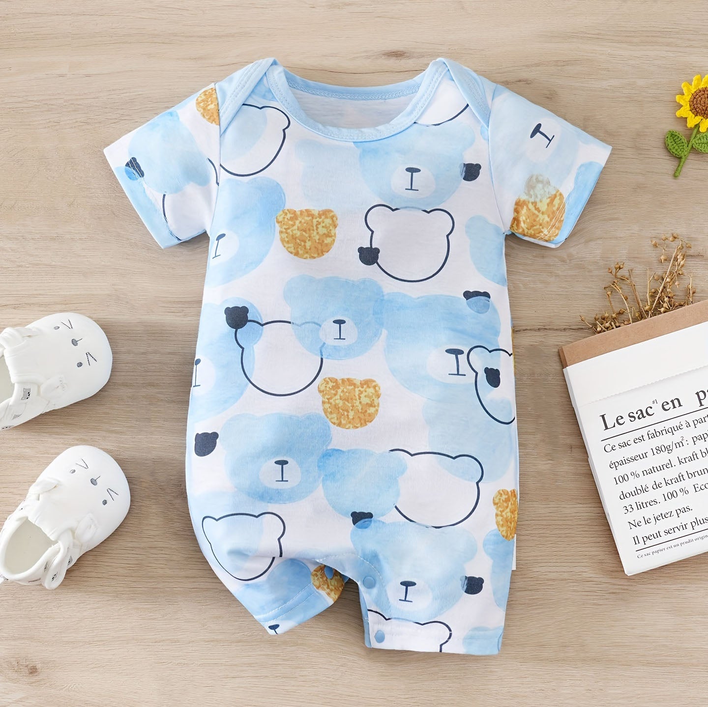 Adorable Bear Printed Short Sleeve Baby Jumpsuit