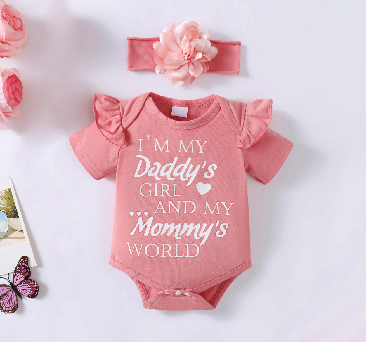 3PCS I'm My Daddy's Girl Letter Floral Printed Short Sleeve Baby Set