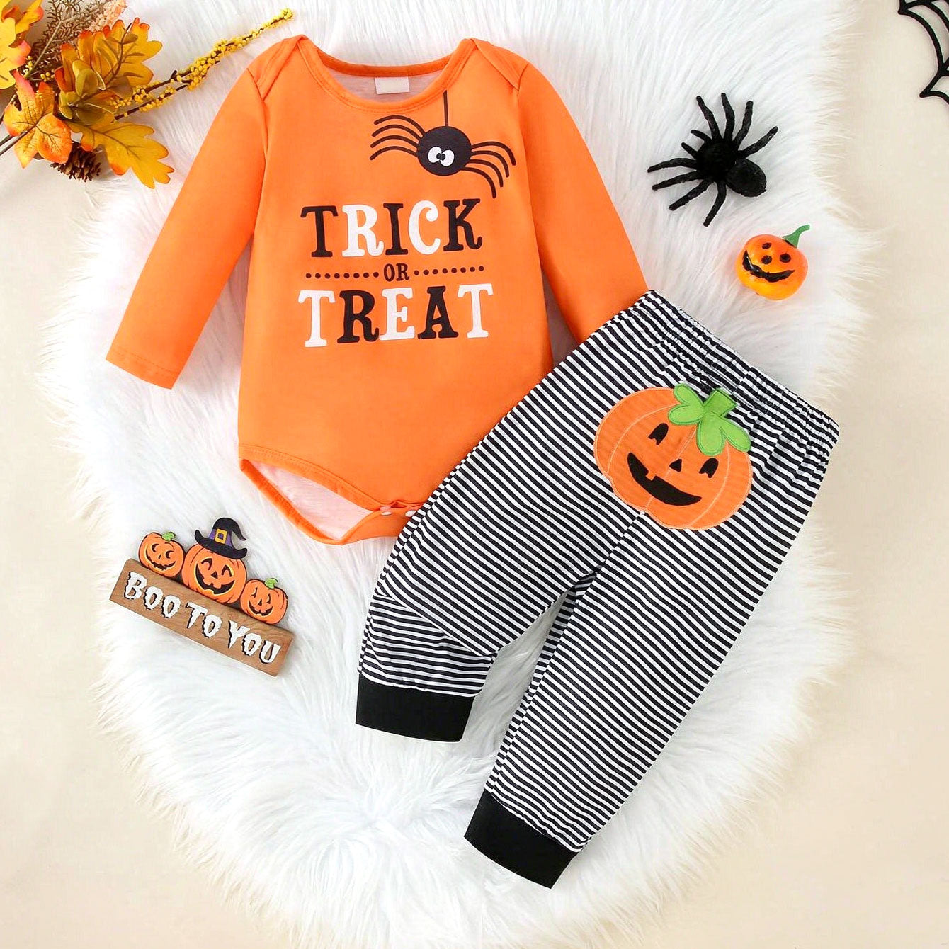 2PCS Halloween Trick Or Treat Letter Pumpkin Stripe Printed Baby Set