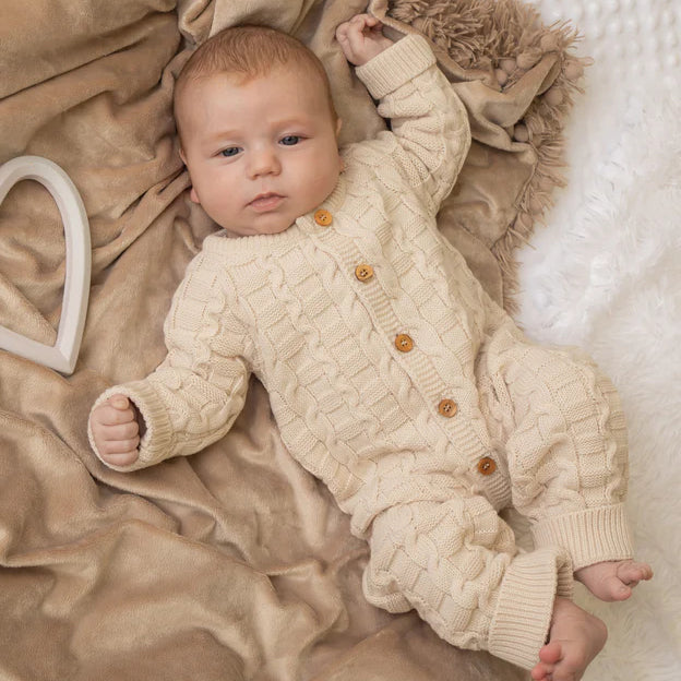 Warm Solid Color Basket Weave Knitted Long Sleeve Baby Jumpsuit