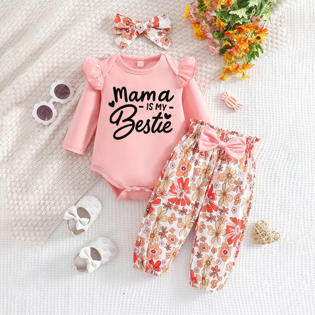 3PCS Pretty Mama's Bestie Letter Floral Printed Baby Set