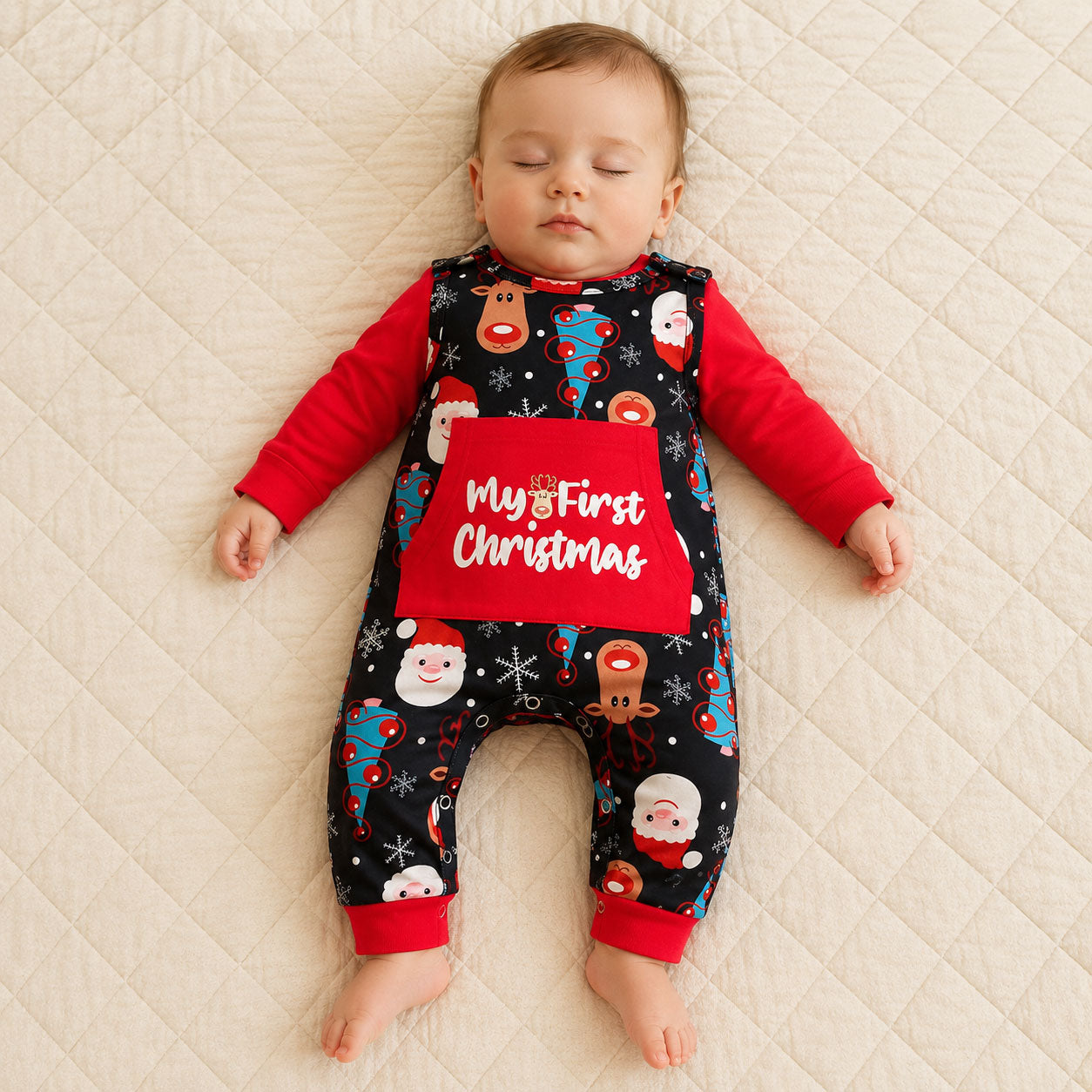 2PCS My First Christmas Letter Santa and Reindeer Print Baby Jumpsuit