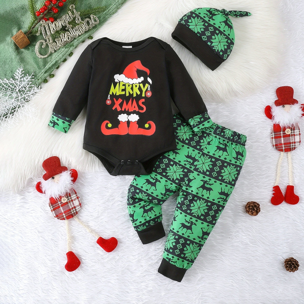 3PCS Merry Xmax Letter Reindeer Printed Long Sleeve Baby Set