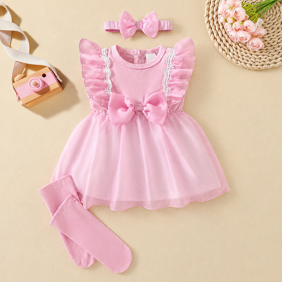 3PCS Pretty Solid Color Tulle Flounce Sleeve Baby Dress