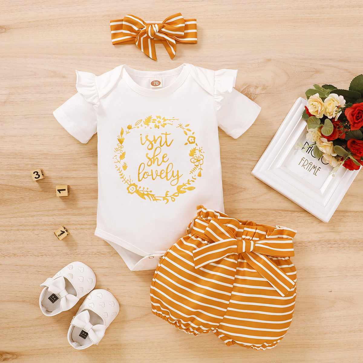 3PCS Letter And Stripe Printed Short Sleeve Baby Set