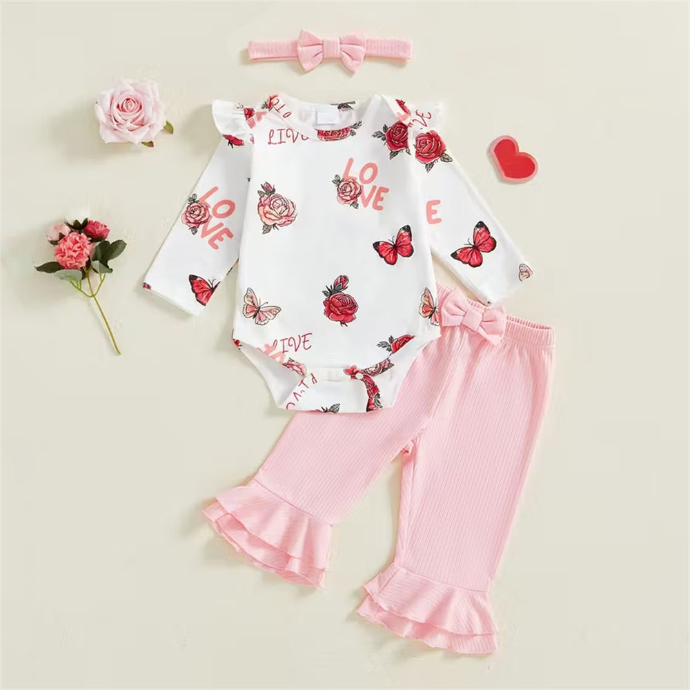 3PCS Butterfly and Rose Print Long Sleeve Baby Set