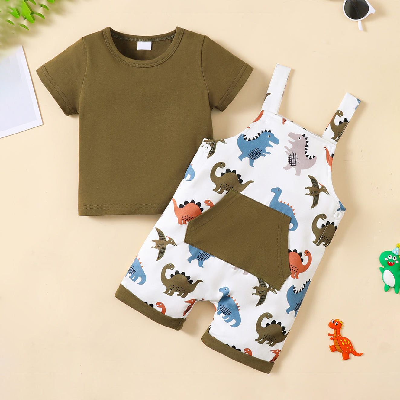 2PCS Cute Dinosaur Printed Short Sleeve Baby Set