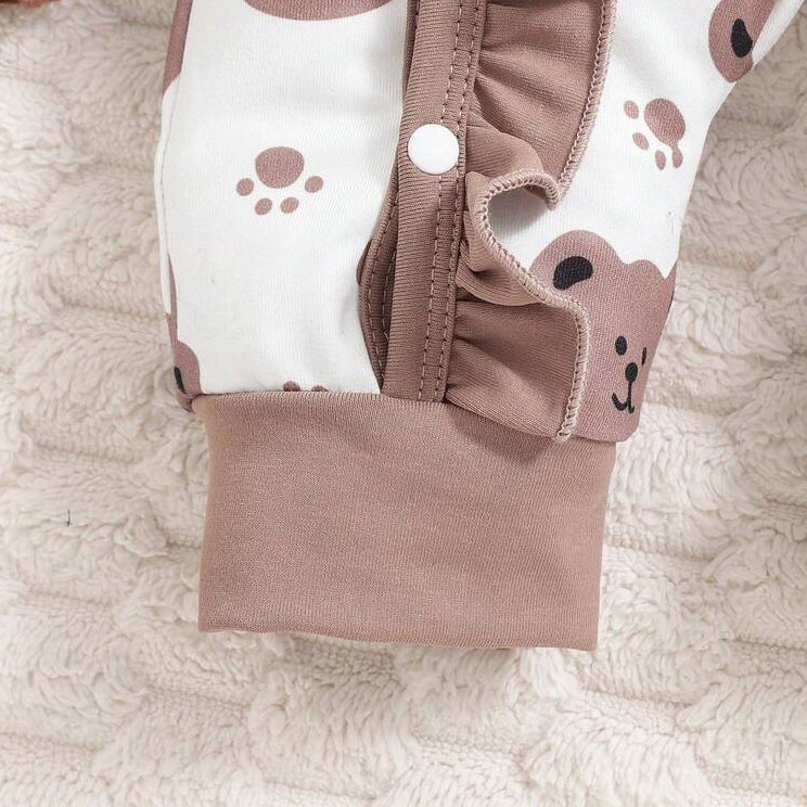 3PCS Cute Bear Printed Long Sleeve Ruffle Baby Jumpsuit