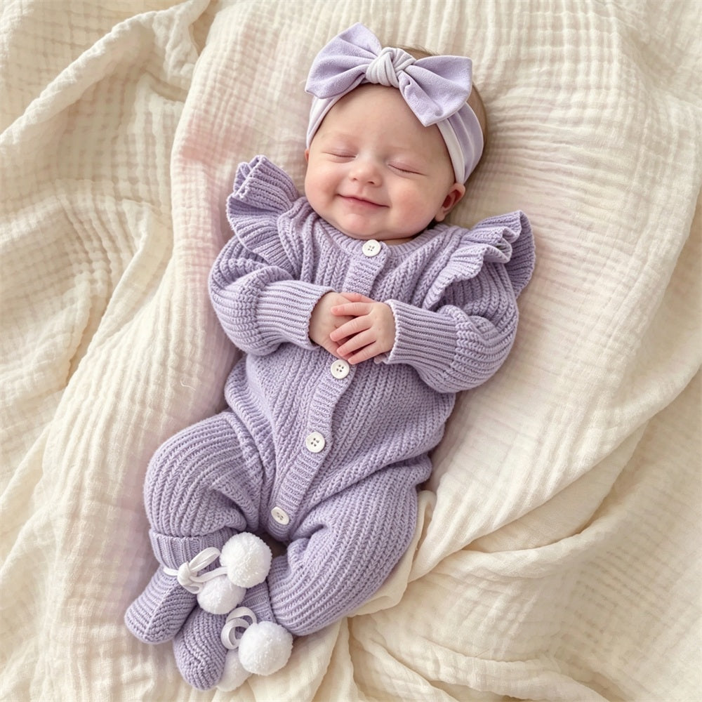 Adorable Knit Solid Color Long Sleeve Baby Jumpsuit