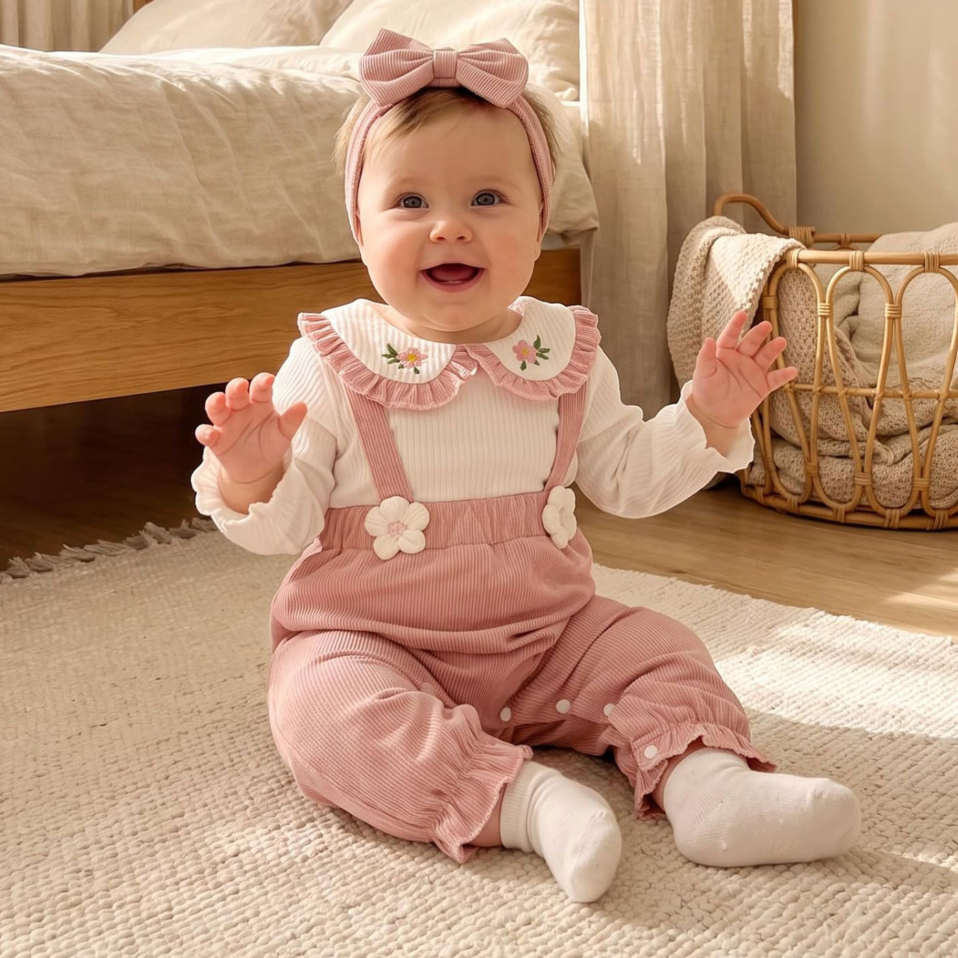 2PCS Lovely Floral Appliqué Long Sleeve Baby Jumpsuit