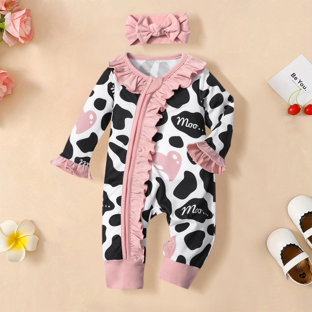 2PCS Moo Letter Cow Printed Ruffle Zipper Baby Jumpsuit